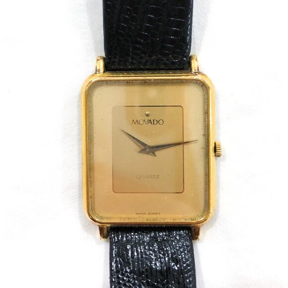 Vintage Movado Gold Square Face Black Leather Strap Watch - Picture 1 of 5